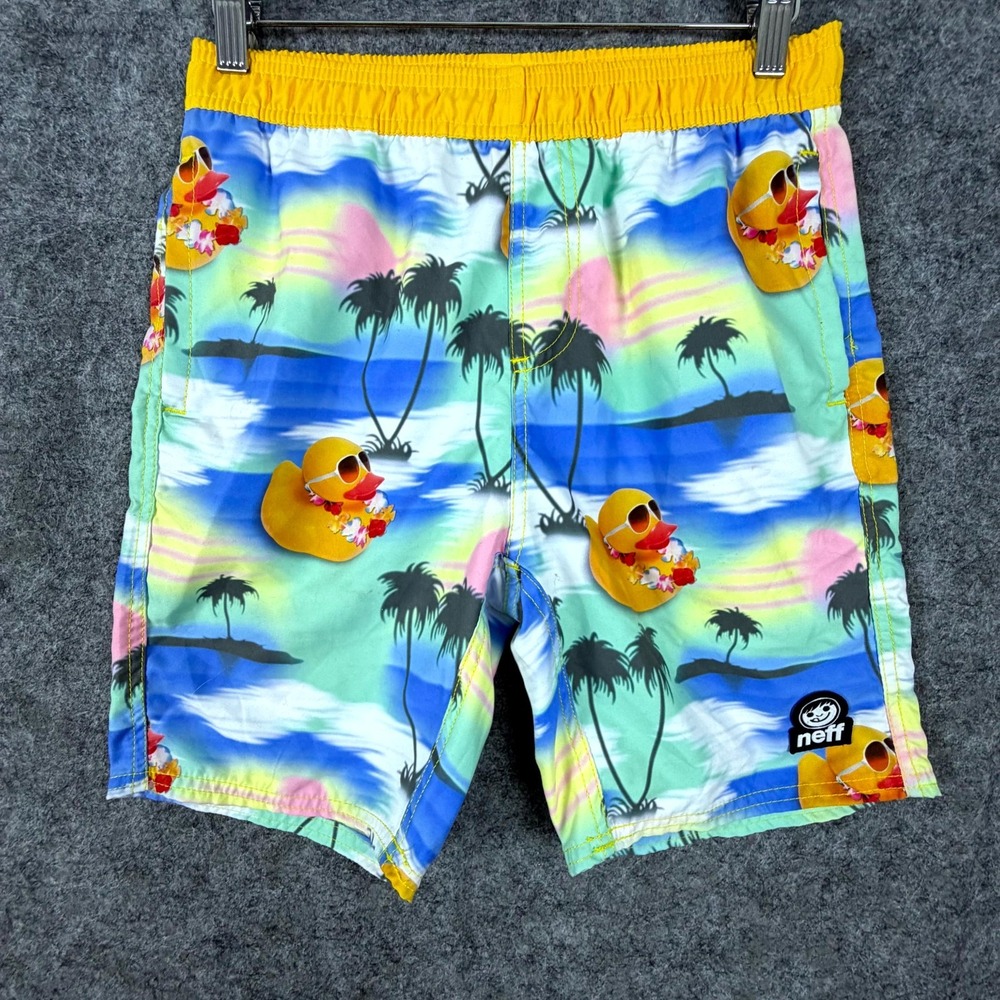 Neff Swim Board Shorts Boys Large Multi Rubber Duck Daily Hot Tub Surf Pockets